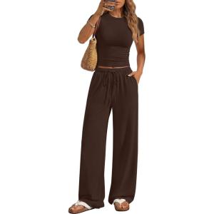 image:imageANRABESS Womens 2 Piece Summer Matching Lounge Sets Wide Leg Pants Ruched Crop Tops Sweatsuits Sets Spring Travel ClothesBrown
