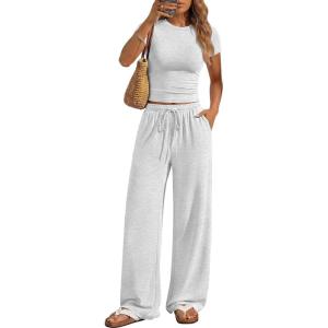 image:imageANRABESS Womens 2 Piece Summer Matching Lounge Sets Wide Leg Pants Ruched Crop Tops Sweatsuits Sets Spring Travel ClothesLight Grey