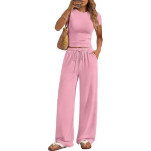 image:imageANRABESS Womens 2 Piece Summer Matching Lounge Sets Wide Leg Pants Ruched Crop Tops Sweatsuits Sets Spring Travel ClothesPink