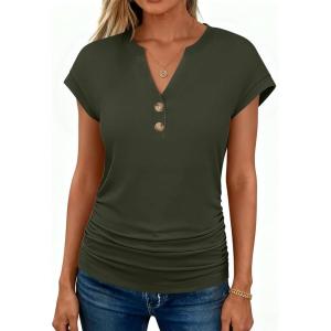 image:imageANRABESS Womens Cap Sleeve Henley Shirts V Neck Ruched Side Top 2026 Summer Dressy Work Blouse Business Casual OutfitsArmy Green