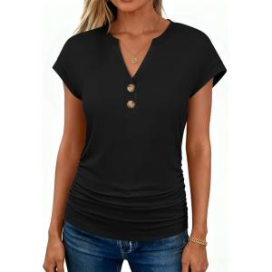image:imageANRABESS Womens Cap Sleeve Henley Shirts V Neck Ruched Side Top 2026 Summer Dressy Work Blouse Business Casual OutfitsBlack