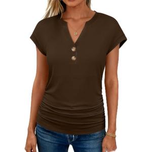 image:imageANRABESS Womens Cap Sleeve Henley Shirts V Neck Ruched Side Top 2026 Summer Dressy Work Blouse Business Casual OutfitsBrown
