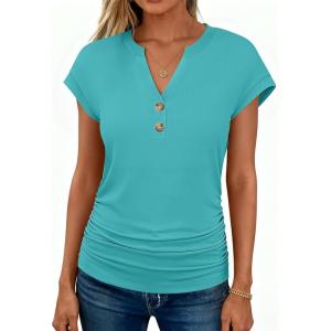 image:imageANRABESS Womens Cap Sleeve Henley Shirts V Neck Ruched Side Top 2026 Summer Dressy Work Blouse Business Casual OutfitsCadet Blue