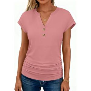 image:imageANRABESS Womens Cap Sleeve Henley Shirts V Neck Ruched Side Top 2026 Summer Dressy Work Blouse Business Casual OutfitsCoral Pink