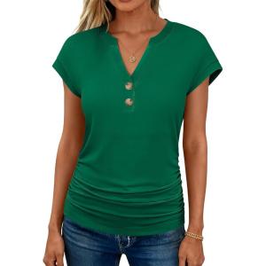 image:imageANRABESS Womens Cap Sleeve Henley Shirts V Neck Ruched Side Top 2026 Summer Dressy Work Blouse Business Casual OutfitsDeep Green