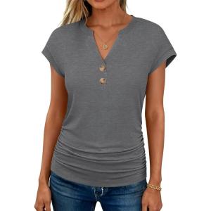 image:imageANRABESS Womens Cap Sleeve Henley Shirts V Neck Ruched Side Top 2026 Summer Dressy Work Blouse Business Casual OutfitsGrey
