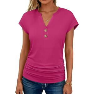 image:imageANRABESS Womens Cap Sleeve Henley Shirts V Neck Ruched Side Top 2026 Summer Dressy Work Blouse Business Casual OutfitsHot Pink