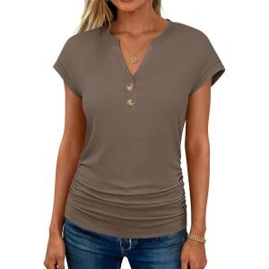image:imageANRABESS Womens Cap Sleeve Henley Shirts V Neck Ruched Side Top 2026 Summer Dressy Work Blouse Business Casual OutfitsLight Coffee