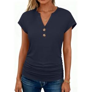 image:imageANRABESS Womens Cap Sleeve Henley Shirts V Neck Ruched Side Top 2026 Summer Dressy Work Blouse Business Casual OutfitsNavy Blue