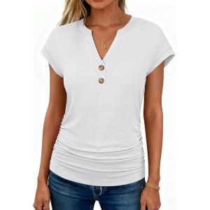 image:imageANRABESS Womens Cap Sleeve Henley Shirts V Neck Ruched Side Top 2026 Summer Dressy Work Blouse Business Casual OutfitsWhite