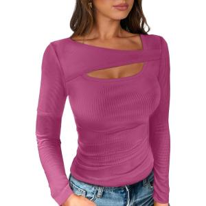 image:imageANRABESS Womens Cutout Tops Trendy Sexy Long Sleeve Shirts Ribbed Slim Fit Tee 2025 Fall Fashion Going Out Tshirts ClothesHot Pink
