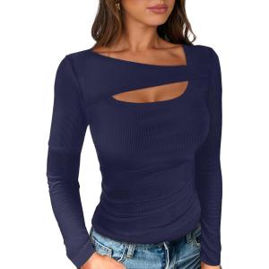 image:imageANRABESS Womens Cutout Tops Trendy Sexy Long Sleeve Shirts Ribbed Slim Fit Tee 2025 Fall Fashion Going Out Tshirts ClothesNavy Blue