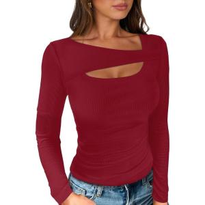image:imageANRABESS Womens Cutout Tops Trendy Sexy Long Sleeve Shirts Ribbed Slim Fit Tee 2025 Fall Fashion Going Out Tshirts ClothesRed