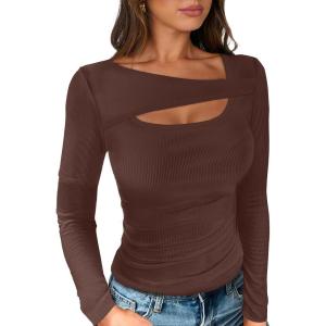 image:imageANRABESS Womens Cutout Tops Trendy Sexy Long Sleeve Shirts Ribbed Slim Fit Tee 2025 Fall Fashion Going Out Tshirts ClothesRed Brown
