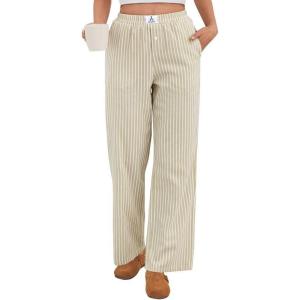 image:imageANRABESS Womens Gingham Pants  Casual Lounge Pajama Bottoms for Home Sleep Resort WearApricot White Wide Stripe