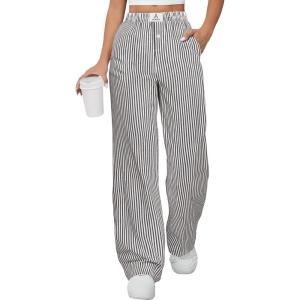 image:imageANRABESS Womens Gingham Pants  Casual Lounge Pajama Bottoms for Home Sleep Resort WearBlack White Stripe
