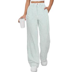 image:imageANRABESS Womens Gingham Pants  Casual Lounge Pajama Bottoms for Home Sleep Resort WearGreen White Stripe