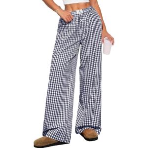 image:imageANRABESS Womens Gingham Pants  Casual Lounge Pajama Bottoms for Home Sleep Resort WearNavy Blue White Plaid