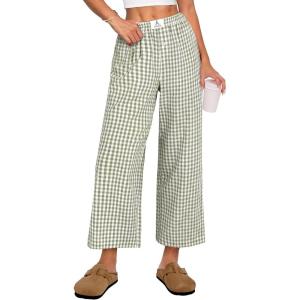 image:imageANRABESS Womens Gingham Striped Pants Palazzo amp Cropped Comfy amp Cute Lounge Pajama Plaid PJ Bottoms With PocketsArmy Green White Plaid