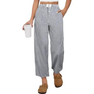 image:imageANRABESS Womens Gingham Striped Pants Palazzo amp Cropped Comfy amp Cute Lounge Pajama Plaid PJ Bottoms With PocketsBlack White Stripe