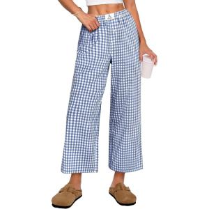 image:imageANRABESS Womens Gingham Striped Pants Palazzo amp Cropped Comfy amp Cute Lounge Pajama Plaid PJ Bottoms With PocketsBlue White Plaid