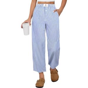 image:imageANRABESS Womens Gingham Striped Pants Palazzo amp Cropped Comfy amp Cute Lounge Pajama Plaid PJ Bottoms With PocketsBlue White Stripe