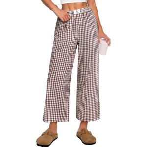 image:imageANRABESS Womens Gingham Striped Pants Palazzo amp Cropped Comfy amp Cute Lounge Pajama Plaid PJ Bottoms With PocketsBrown White Plaid