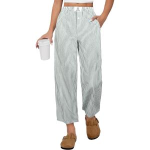 image:imageANRABESS Womens Gingham Striped Pants Palazzo amp Cropped Comfy amp Cute Lounge Pajama Plaid PJ Bottoms With PocketsGreen White Stripe
