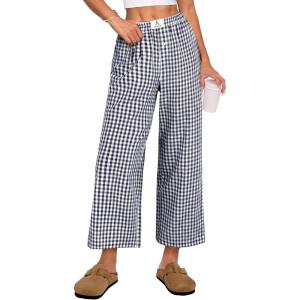 image:imageANRABESS Womens Gingham Striped Pants Palazzo amp Cropped Comfy amp Cute Lounge Pajama Plaid PJ Bottoms With PocketsNavy Blue White Plaid