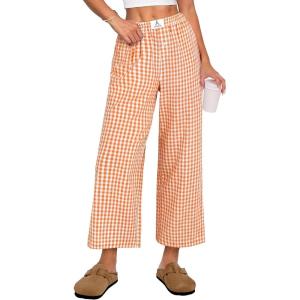 image:imageANRABESS Womens Gingham Striped Pants Palazzo amp Cropped Comfy amp Cute Lounge Pajama Plaid PJ Bottoms With PocketsOrange White Plaid