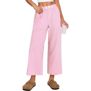 image:imageANRABESS Womens Gingham Striped Pants Palazzo amp Cropped Comfy amp Cute Lounge Pajama Plaid PJ Bottoms With PocketsPink White Plaid