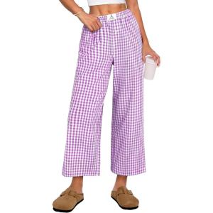 image:imageANRABESS Womens Gingham Striped Pants Palazzo amp Cropped Comfy amp Cute Lounge Pajama Plaid PJ Bottoms With PocketsPurple White Plaid