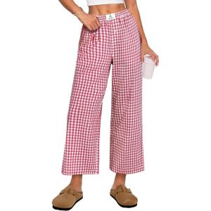 image:imageANRABESS Womens Gingham Striped Pants Palazzo amp Cropped Comfy amp Cute Lounge Pajama Plaid PJ Bottoms With PocketsRed White Plaid