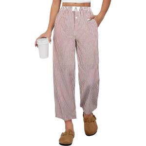 image:imageANRABESS Womens Gingham Striped Pants Palazzo amp Cropped Comfy amp Cute Lounge Pajama Plaid PJ Bottoms With PocketsRed White Stripe