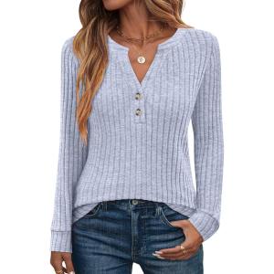 image:imageANRABESS Womens Henley Shirts Long Sleeve Tunic Tops 2025 Fall Fashion Outfits Ribbed Knit Sweaters Ladies Casual ClothesBlue