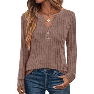 image:imageANRABESS Womens Henley Shirts Long Sleeve Tunic Tops 2025 Fall Fashion Outfits Ribbed Knit Sweaters Ladies Casual ClothesBrown