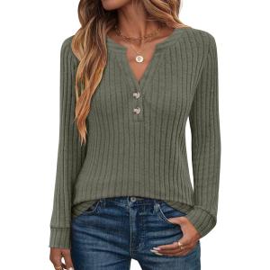 image:imageANRABESS Womens Henley Shirts Long Sleeve Tunic Tops 2025 Fall Fashion Outfits Ribbed Knit Sweaters Ladies Casual ClothesDeep Green