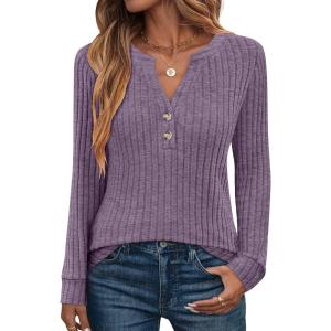image:imageANRABESS Womens Henley Shirts Long Sleeve Tunic Tops 2025 Fall Fashion Outfits Ribbed Knit Sweaters Ladies Casual ClothesPurple