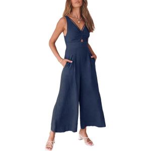 image:imageANRABESS Womens Jumpsuits Summer Linen Wide Leg Sleeveless V Neck Casual Dressy Rompers Pants 2026 Spring Vacation OutfitsBlue