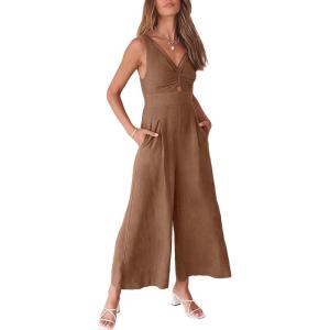 image:imageANRABESS Womens Jumpsuits Summer Linen Wide Leg Sleeveless V Neck Casual Dressy Rompers Pants 2026 Spring Vacation OutfitsBrown