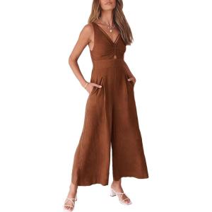 image:imageANRABESS Womens Jumpsuits Summer Linen Wide Leg Sleeveless V Neck Casual Dressy Rompers Pants 2026 Spring Vacation OutfitsCaramel