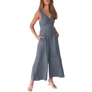 image:imageANRABESS Womens Jumpsuits Summer Linen Wide Leg Sleeveless V Neck Casual Dressy Rompers Pants 2026 Spring Vacation OutfitsDark Grey