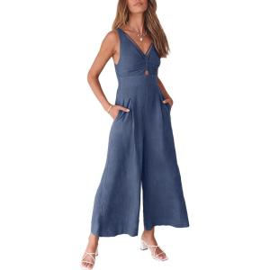 image:imageANRABESS Womens Jumpsuits Summer Linen Wide Leg Sleeveless V Neck Casual Dressy Rompers Pants 2026 Spring Vacation OutfitsDeep Blue