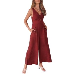 image:imageANRABESS Womens Jumpsuits Summer Linen Wide Leg Sleeveless V Neck Casual Dressy Rompers Pants 2026 Spring Vacation OutfitsDeep Red