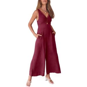 image:imageANRABESS Womens Jumpsuits Summer Linen Wide Leg Sleeveless V Neck Casual Dressy Rompers Pants 2026 Spring Vacation OutfitsFuchsia