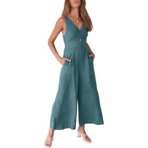 image:imageANRABESS Womens Jumpsuits Summer Linen Wide Leg Sleeveless V Neck Casual Dressy Rompers Pants 2026 Spring Vacation OutfitsLake Blue