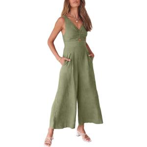 image:imageANRABESS Womens Jumpsuits Summer Linen Wide Leg Sleeveless V Neck Casual Dressy Rompers Pants 2026 Spring Vacation OutfitsOlive