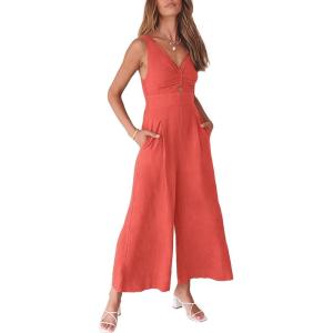 image:imageANRABESS Womens Jumpsuits Summer Linen Wide Leg Sleeveless V Neck Casual Dressy Rompers Pants 2026 Spring Vacation OutfitsPeach