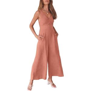 image:imageANRABESS Womens Jumpsuits Summer Linen Wide Leg Sleeveless V Neck Casual Dressy Rompers Pants 2026 Spring Vacation OutfitsPink