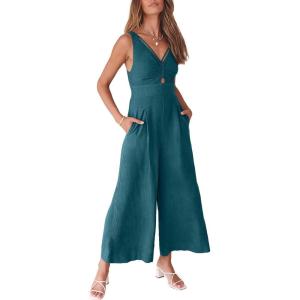 image:imageANRABESS Womens Jumpsuits Summer Linen Wide Leg Sleeveless V Neck Casual Dressy Rompers Pants 2026 Spring Vacation OutfitsTeal